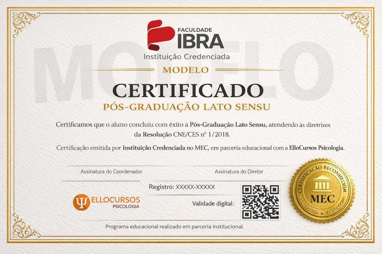 Modelo do certificado IBRA Pós-Graduação